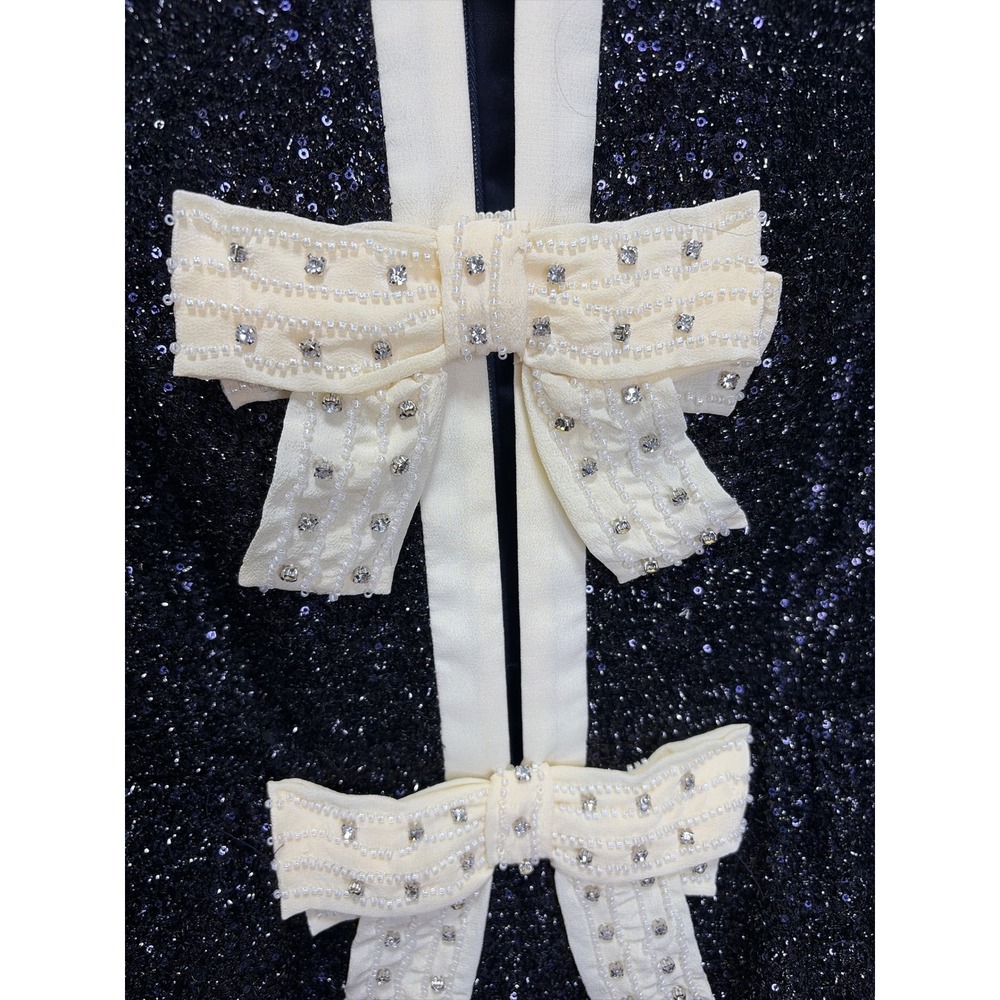 Saloni Sequin Camille B Bow Crystal Embellished Silk Trim Romper Cocktail NWT - Picture 10 of 12